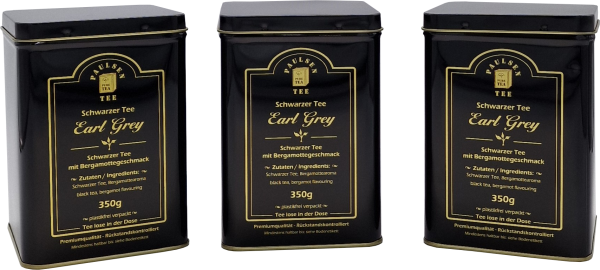 3 schwarze Edelstahldosen mit goldener Schrift. Gefüllt mit 350g Earl Grey, schwarzer Tee